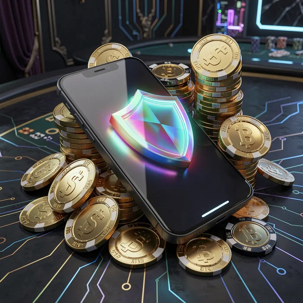 KUYAJL secure mobile casino app concept showing a smartphone with a glowing shield icon surrounded by golden coins and chips against a dark luxury cyber background in a realistic 3D render