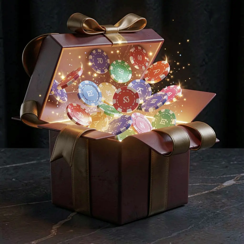 Realistic 3D render of a glowing gift box with free casino chips bursting out, surrounded by magical sparkles on a dark premium background, representing KUYAJL's no deposit bonus offer