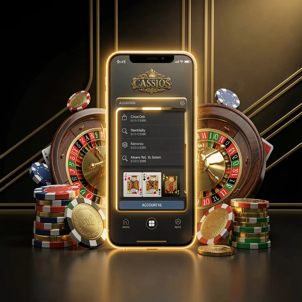 KUYAJL online casino account portal featuring a glowing smartphone surrounded by premium cards, chips, roulette wheel, and coins against a black and gold background with cinematic lighting in a realistic 3D render