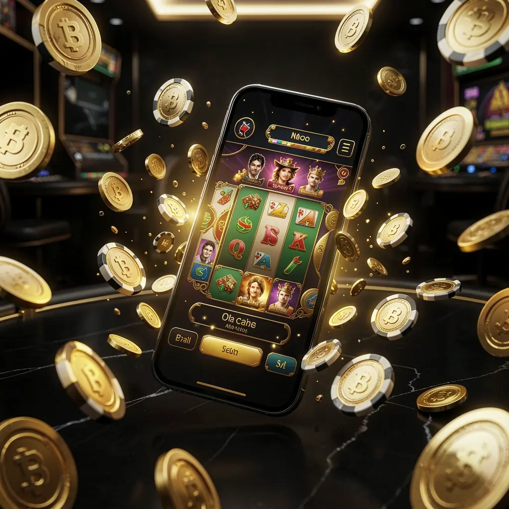 KUYAJL modern online casino main page visual with a smartphone displaying a glowing gaming interface, surrounded by flying coins and chips in a black and gold luxury atmosphere